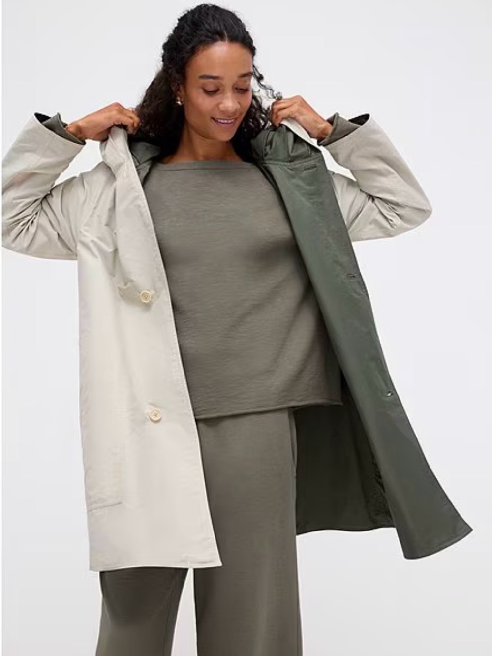 Eileen Fisher Charcoal Gray Reversible Hooded Trench Raincoat Jacket Size M